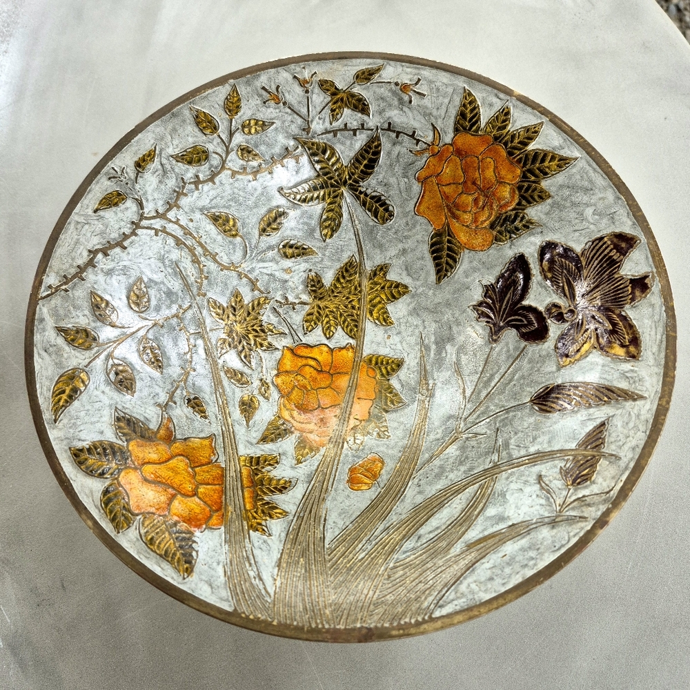 Cloisonné Enamel On Brass 9.5 Inch Diameter Pedestal Handpainted Vintage Bowl